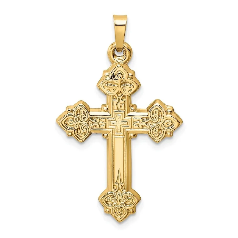 dainty gold necklace for minimalists -Diamond2Deal 14K Yellow Gold Budded Hollow Cross Pendant (L- 39 mm, W- 21 mm)