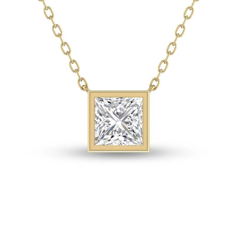 diamond drop pendant necklace for women -Marquee Lab Grown 1/2 Carat Princess Cut Bezel Set Diamond Solitaire Pendant in 14K Yellow Gold