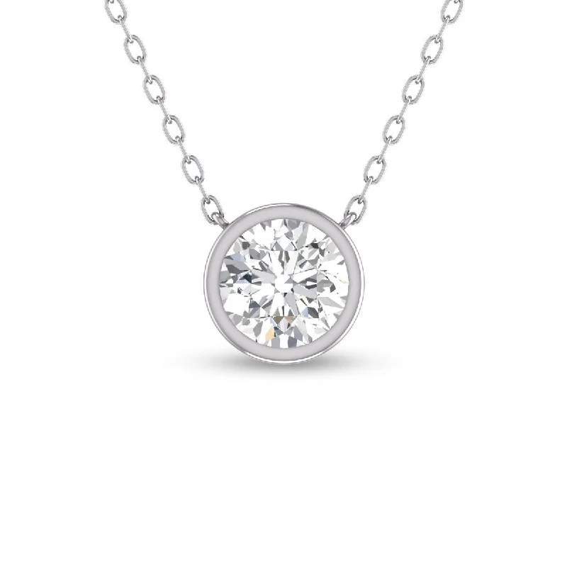 minimalist necklace for women -Marquee Lab Grown 1/2 Carat Round Bezel Set Diamond Solitaire Pendant in 14K White Gold