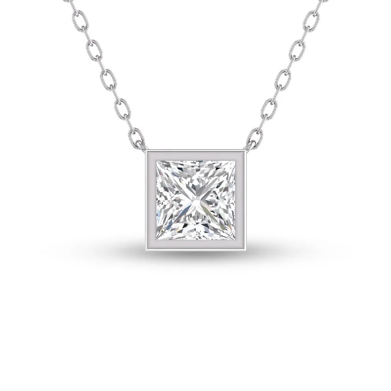 emerald pendant necklace for women -Marquee Lab Grown 3/4 Carat Princess Cut Bezel Set Diamond Solitaire Pendant in 14K White Gold