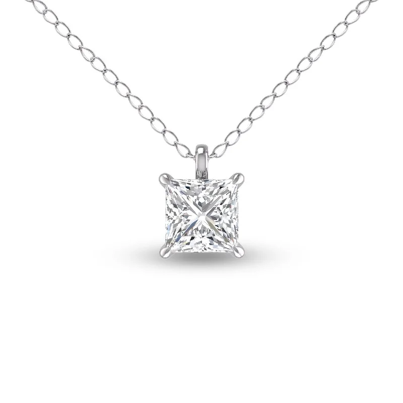 crystal quartz necklace for women -Marquee Lab Grown 3/4 Carat Princess Cut Solitaire Diamond Pendant in 14K White Gold