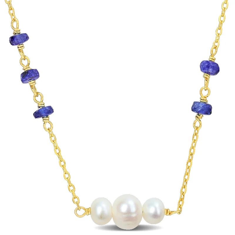 statement pendant necklace for women -Miadora 2 1/2ct TGW Blue Sapphire 4-6.5mm Cultured Freshwater Pearl Necklace in Yellow Siilver-17+2in