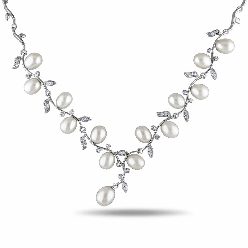 classic chain necklace for men -Miadora Silver White Pearl and Cubic Zirconia Necklace (6.5-7 mm)