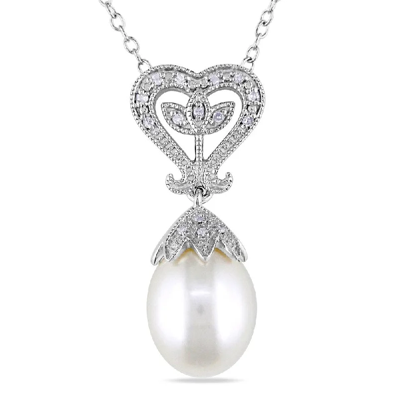 gold heart necklace for women -Miadora Sterling Silver Pearl and Diamond Accent Drop Necklace (10-10.5 mm)