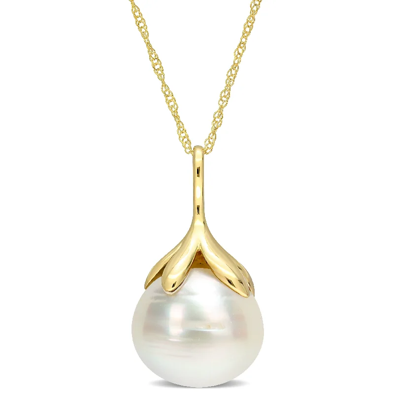 trendy layered necklace for women -Miadora White South Sea Cultured Pearl Pendant in 14k Yellow Gold (10-11mm)