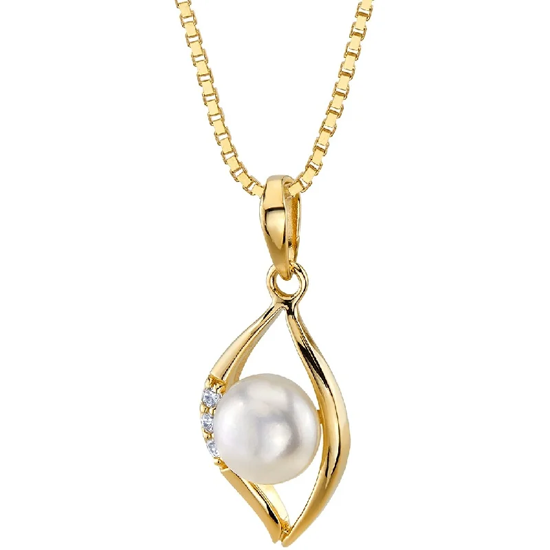 long gold chain necklace for women -Oravo 14k Yellow Gold Freshwater Pearl Open Leaf Pendant Necklace