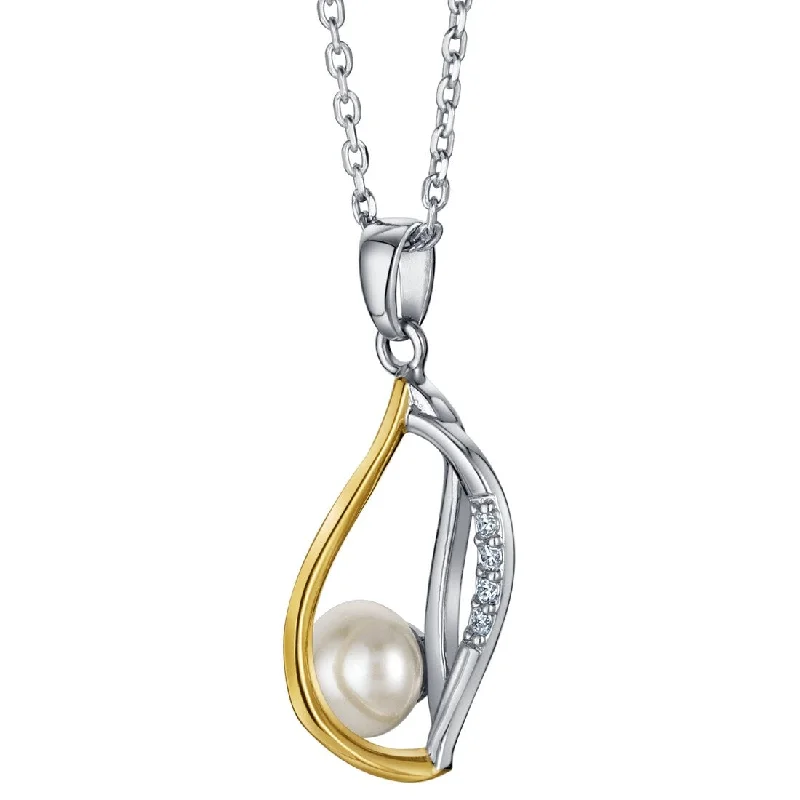 moonstone pendant necklace for women -Pearl Teardrop Pendant in Two-Tone Sterling Silver, Adjustable Chain