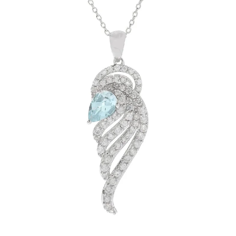 custom engraved bar necklace for women -Sterling Silver 3 2/5ct Aquamarine and White Zircon Angel Wing Necklace