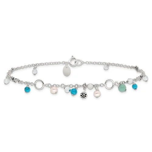 layered name necklace for women -Sterling Silver Turquoise & Cultured Pearl Anklet