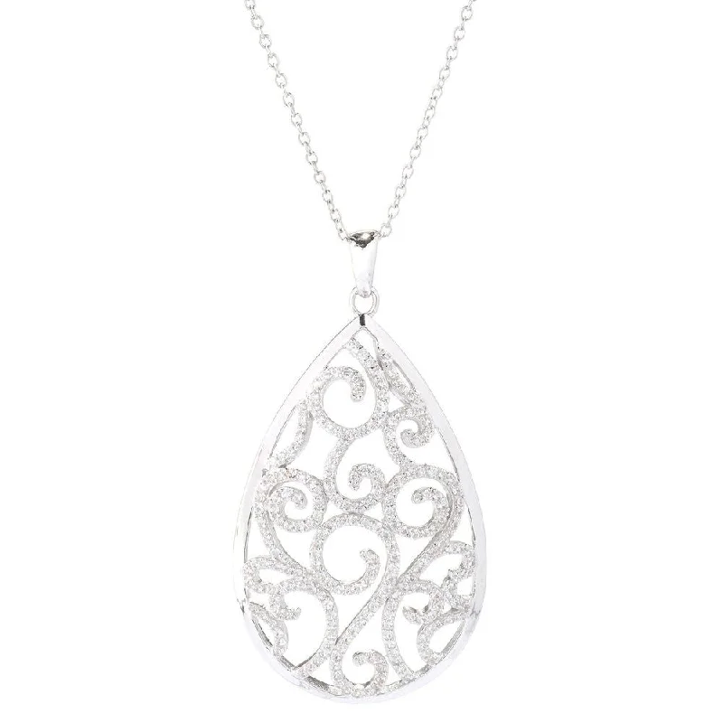 layered silver necklace for women -Sterling Silver White Zircon Teardrop Scroll Necklace