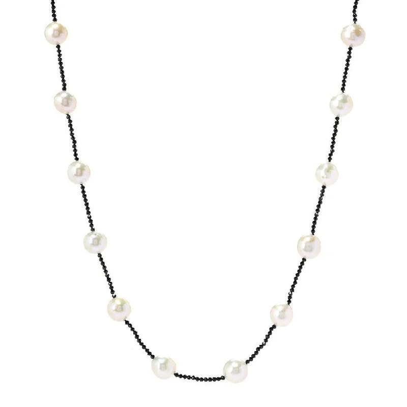 diamond drop pendant necklace for women -Sterling Silver with Freshwater Cultured Pearl and Black Spinel Necklace with 19" Chain and 2" Extender