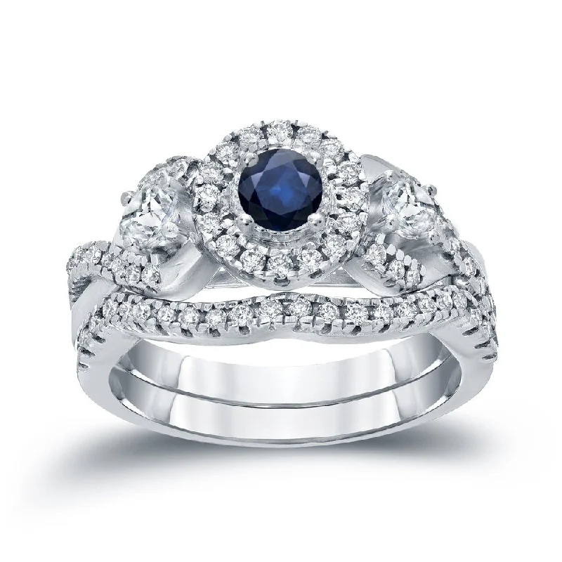 men’s platinum wedding band -14k Gold 1/5ct Sapphire and 3/5ct TDW Halo Diamond Engagement Ring Set by Auriya