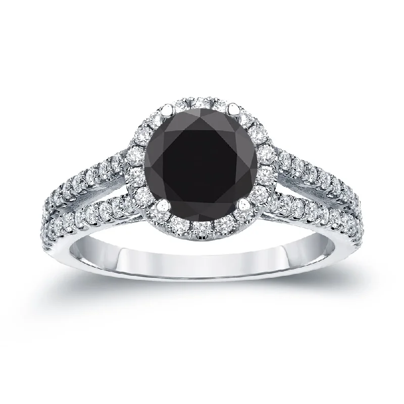 cushion cut engagement ring for women -14k Gold Round 1 1/3ct TDW Black Diamond with Halo Engagement Ring by Auriya