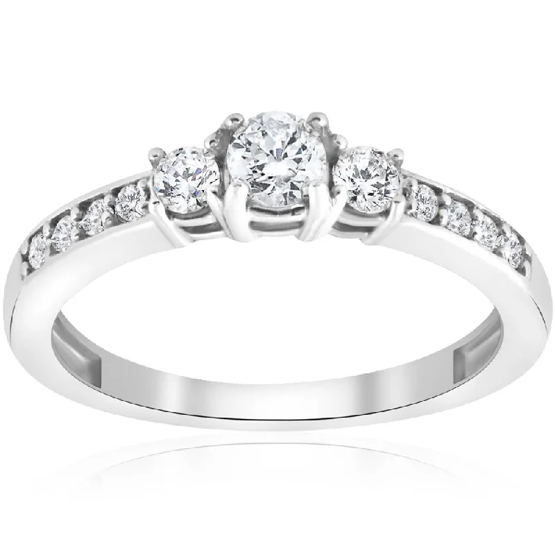 stackable gold rings for women -3/4ct Three Stone Round Diamond Engagement Ring 14K White Gold