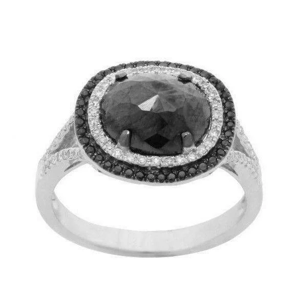 custom birthstone wedding ring -3.50Ct Rose Cut Oval Black Diamond Center 2 Row Halo Engagement Anniversary RIng