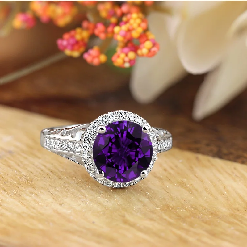 custom sterling silver ring for men -Auriya 1 1/2ct Fancy Round Purple Amethyst and Halo Diamond Engagement Ring 1/5ctw 14k Gold