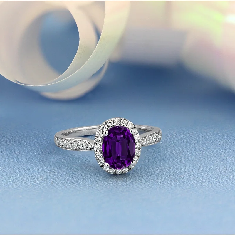 round cut diamond ring for women -Auriya 1 1/8ct Fancy Oval Purple Amethyst Halo Diamond Engagement Ring 1/4ctw 14k Gold