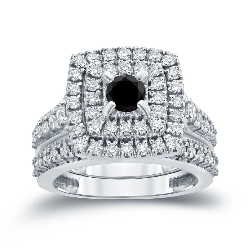 couple's matching ring set -Auriya 1 3/5ctw Halo Black Diamond Engagement Ring and Wedding Band Set 14k Gold