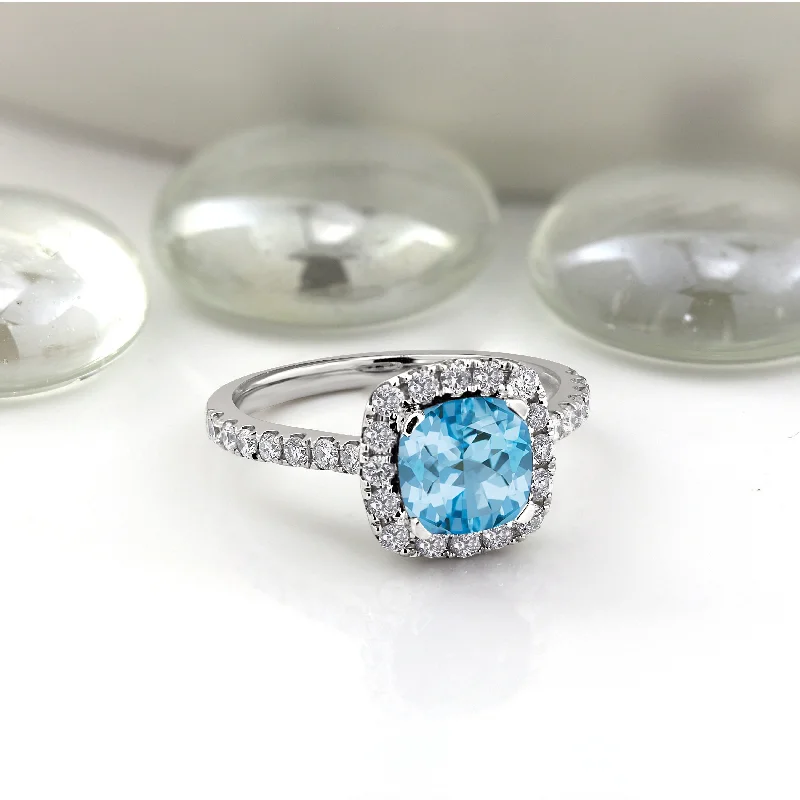 luxury wedding ring for women -Auriya 1 3/8ct Cushion-cut Sky Blue Topaz and Halo Diamond Engagement Ring 1/2cttw 14k Gold