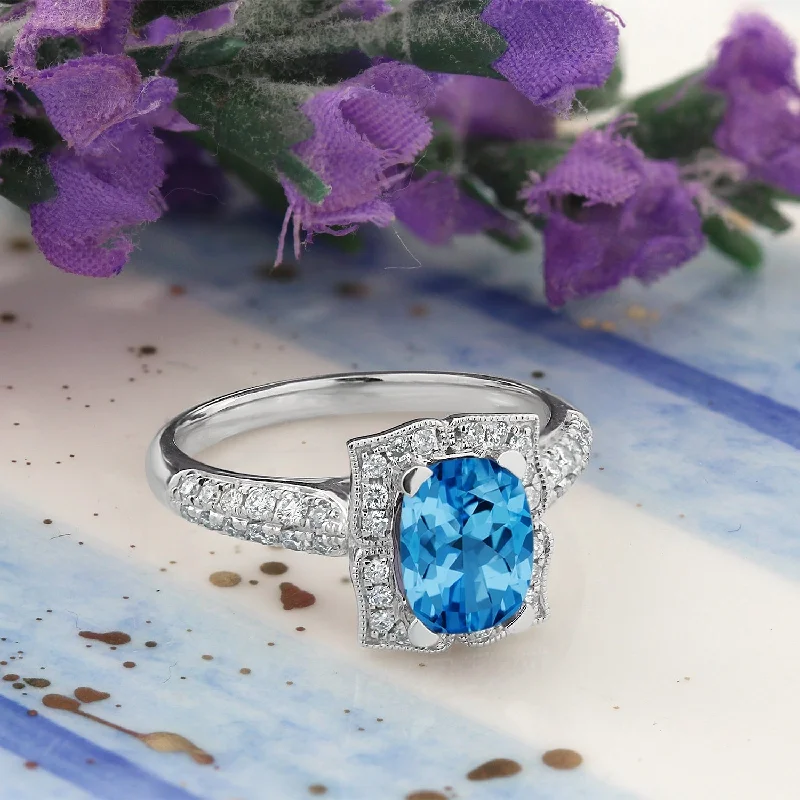 floral engagement ring for women -Auriya 1 3/8ct Fancy Cushion-cut Swiss Blue Topaz Halo Diamond Engagement Ring 1/3ctw 14k Gold