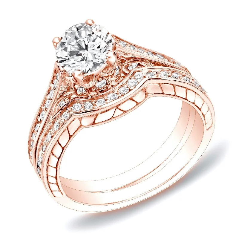 custom engraved ring for men -Auriya 14k Rose Gold 1ctw Carved Diamond Engagement Ring Set