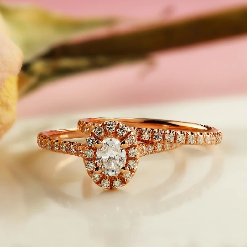 multi-stone ring for women -Auriya 14k Rose Gold 1ctw Halo Oval Diamond Engagement Ring Set