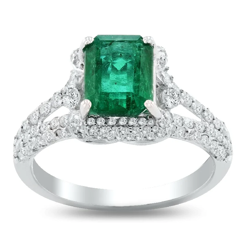 simple silver band ring for women -Auriya 14k White Gold 1 9/10ct Emerald-Cut Emerald and 5/8ct TDW Diamond Halo Engagement Ring