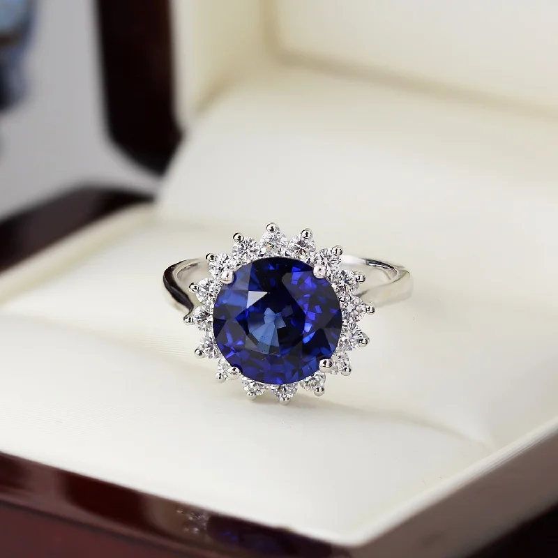 vintage sapphire ring for women -Auriya 18k Gold 4ct Blue Sapphire Halo Diamond Engagement Ring 5/8ctw