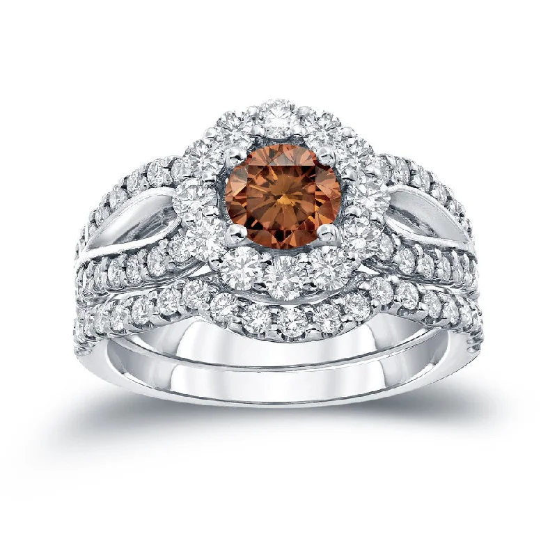 multi-stone ring for women -Auriya 2 1/3ctw Halo Brown Diamond Engagement Ring Set 14k Gold