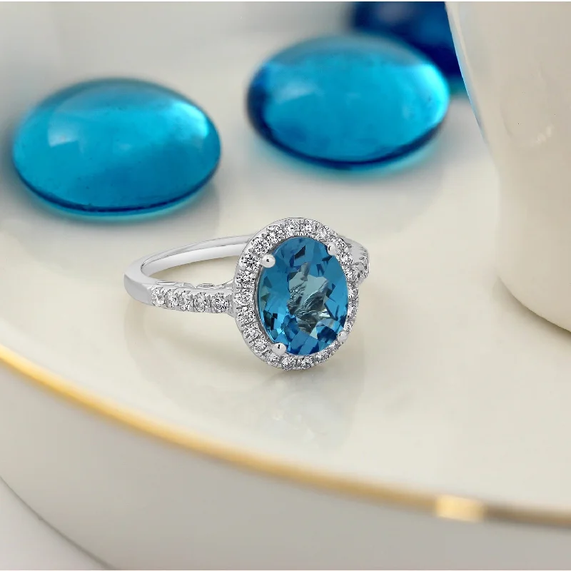 double band engagement ring for women -Auriya 3carat Oval Swiss Blue Topaz and Halo Diamond Engagement Ring 3/8ctw 14k Gold