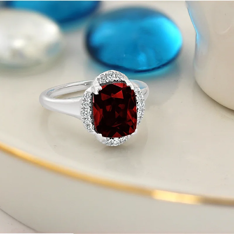 double band engagement ring for women -Auriya 4ct Cushion-cut Garnet Halo Diamond Engagement Ring 1/8ctw 14k Gold