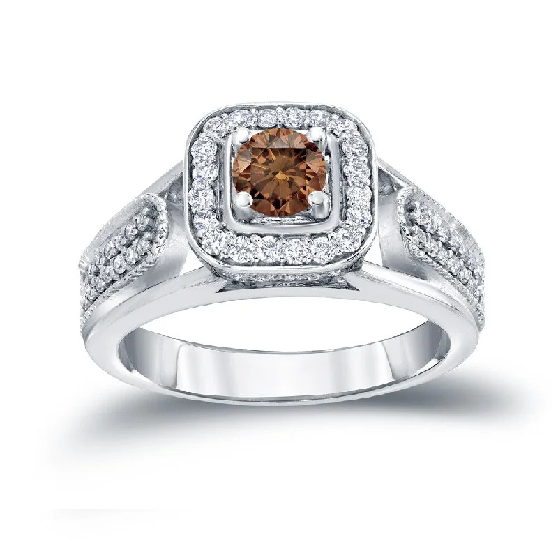 cubic zirconia engagement ring for women -Auriya Modern 1/2ct TDW Brown Diamond Halo Engagement Ring 14k Gold