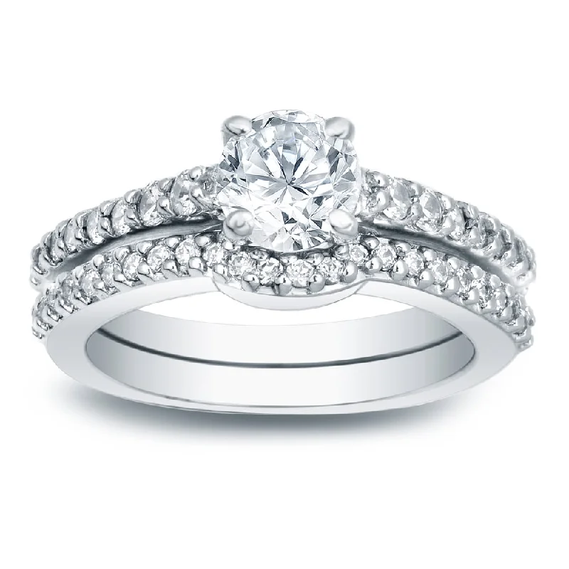 stackable silver rings for women -Auriya Platinum 1 carat TW Round Diamond Engagement Ring Set