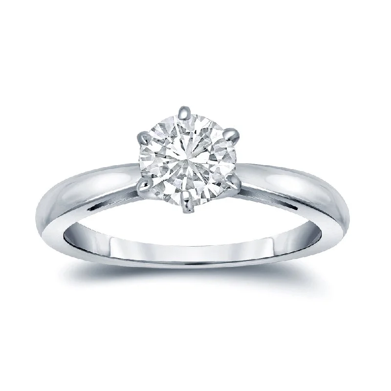 wedding ring set for couples -Auriya Platinum GIA Certified 1.00ct TDW Round 6-Prong Solitaire Diamond Engagement Ring