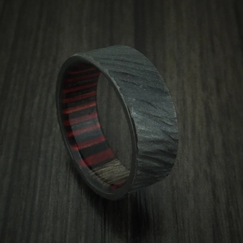 men's wedding ring with engraving -Black Titanium Tree Bark Men's Ring with Applejack Wood Sleeve Custom Made Band