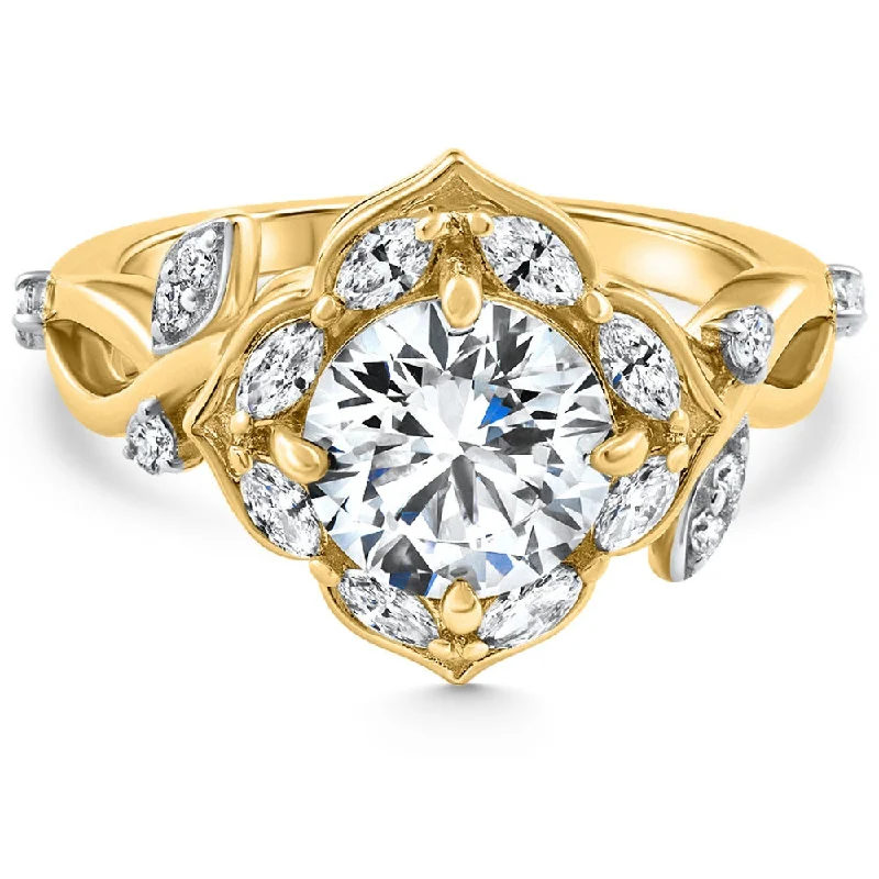 white gold wedding band for men -Certified 2.62Ct Round Diamond Engagement Vine Petal Ring 14k Yellow Gold