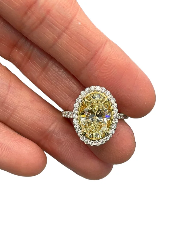 stackable gold rings for women -Certified Fancy Yellow Oval Diamond Engagement Ring 4.01 Carats