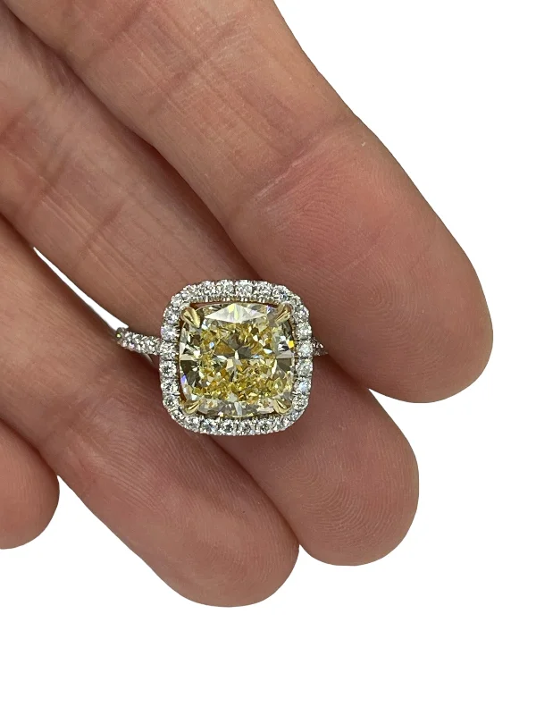 floral engagement ring for women -Fancy Yellow Cushion Diamond Engagement Ring Set GIA White Gold