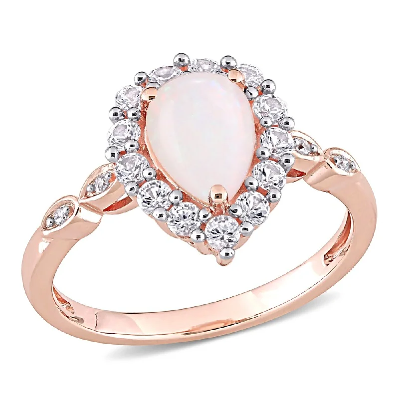 antique engagement ring for women -Miadora 10k Rose Gold Opal Created White Sapphire & Diamond Teardrop Halo Engagement Ring