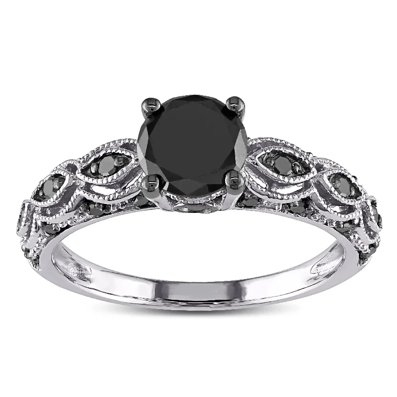 wide band ring for women -Miadora 10k White Gold 1 1/4ct TDW Round Black Diamond Engagement Ring