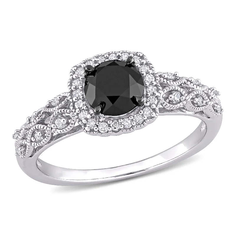 unique engagement ring for women -Miadora 10k White Gold 3/4ct TDW Black and White Diamond Halo Vintage Engagement Ring