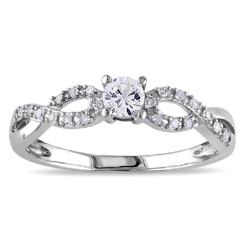 vintage diamond wedding ring -Miadora 10k White Gold Created White Sapphire and 1/10ct TDW Diamond Crossover Engagement Ring (H-I,