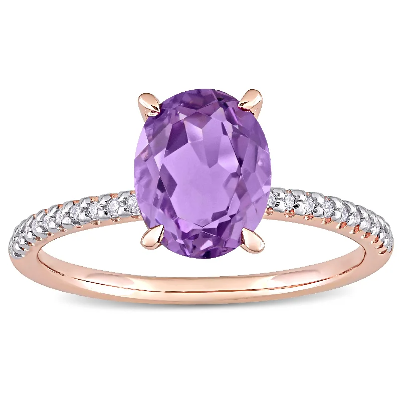 wedding ring with diamond accents -Miadora 14k Rose Gold Oval-cut Amethyst and 1/10ct TDW Diamond Solitaire Engagement Ring