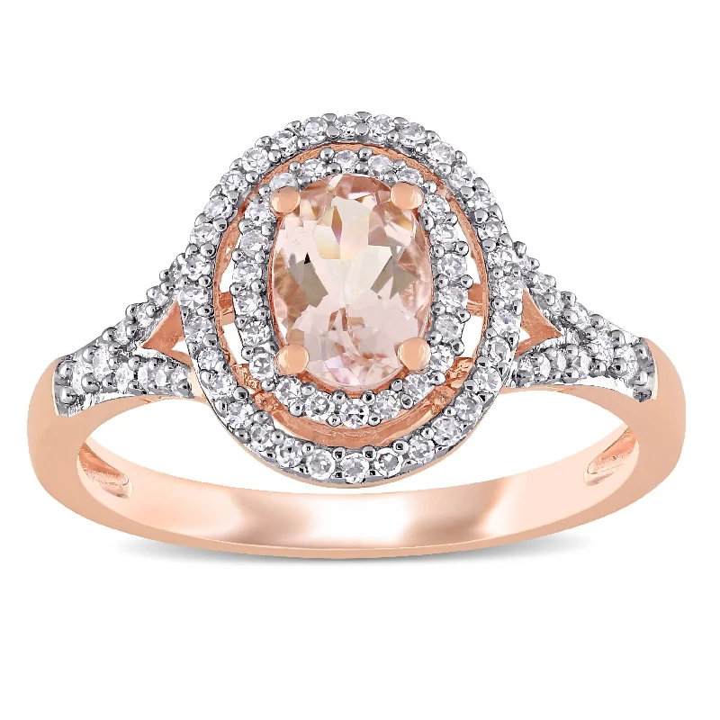 wedding ring with diamond accents -Miadora 14k Rose Gold Oval-cut Morganite and 1/4ct TDW Diamond Double Halo Engagement Ring