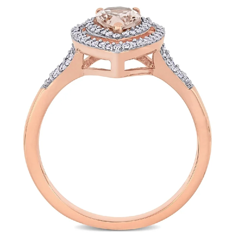 custom gold wedding band -Miadora 14k Rose Gold Pear-cut Morganite and 1/4ct TDW Diamond Double Teardrop Halo Engagement Ring