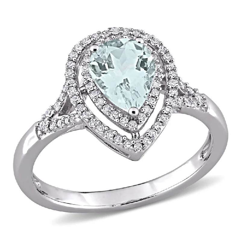 custom designed engagement ring -Miadora 14k White Gold Pear-cut Aquamarine & 1/4ct TDW Diamond Double Halo Engagement Ring