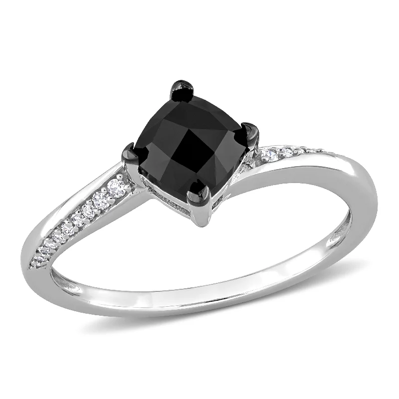 silver gemstone ring for women -Miadora 1ct TDW Cushion-cut Black & White Diamond Bypass Engagement Ring in 10k White Gold