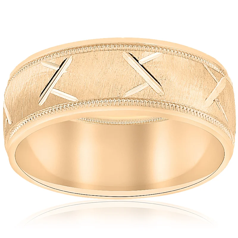 custom wedding band for men -10k Yellow Gold Mens Wedding Band with Satin Finish and Cuts 8mm Size Selectable