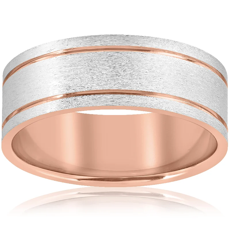 custom wedding band for men -14k Rose Gold 8MM Two Tone Flat Brushed Comfort Fit Mens Wedding Band