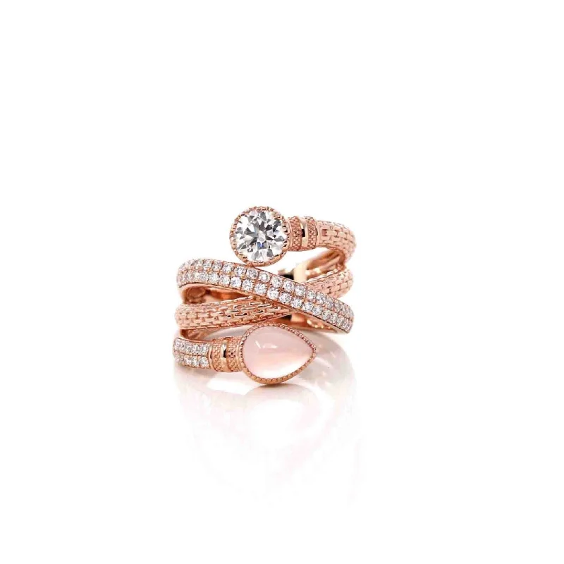 vintage diamond wedding ring -14k Rose Gold, Rose Quartz Ring With Moissanite